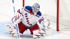 New York Rangers goaltender Igor Shesterkin (31) in action during the third period of an NHL hockey game against the Washington Capitals, Tuesday, Oct. 29, 2024, in Washington. The Capitals won 5-3. (Nick Wass/AP)