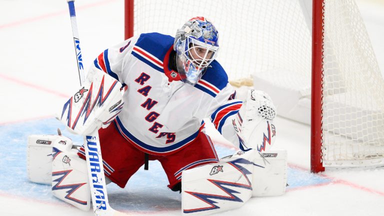 New York Rangers goaltender Igor Shesterkin (31) in action during the third period of an NHL hockey game against the Washington Capitals, Tuesday, Oct. 29, 2024, in Washington. The Capitals won 5-3. (Nick Wass/AP)