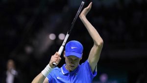 Italy's Jannik Sinner celebrates a point against Argentina's Sebastian Baez during a Davis Cup quarterfinal match at the Martin Carpena Sports Hall in Malaga. (Manu Fernandez/AP)
