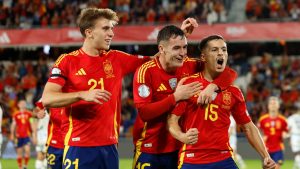 Spain's Zaragoza celebrates scoring his side's third goal during a Nations League soccer match between Spain and Switzerland, at the Heliodoro Rodríguez López stadium in Tenerife, Spain, Monday, Nov. 18, 2024. (Angel Fernandez/AP)