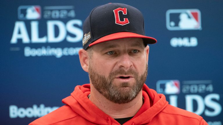 Cleveland Guardians manager Stephen Vogt speaks during a press conference before a baseball workout in Cleveland, Friday, Oct. 11, 2024, in preparation for Saturday's Game 5 of the American League Division Series against the Detroit Tigers.(AP)