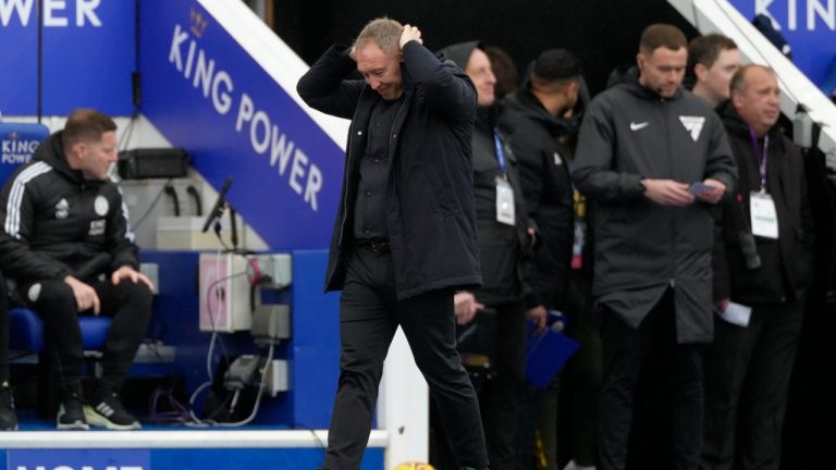 Leicester's head coach Steve Cooper reacts during the English Premier League soccer match between Leicester City and Chelsea at King Power stadium in Leicester, England, Saturday, Nov. 23, 2024. (Dave Shopland/AP)