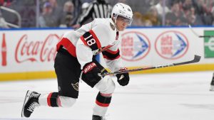 Ottawa Senators centre Tim Stutzle (18) skates during the second period of an NHL hockey game against the Buffalo Sabres in Buffalo, N.Y., Tuesday, Nov. 5, 2024. (Adrian Kraus/AP)