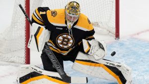 Boston Bruins' Jeremy Swayman plays against the Ottawa Senators during the first period of an NHL hockey game, Saturday, Nov. 9, 2024, in Boston. (Michael Dwyer/AP)