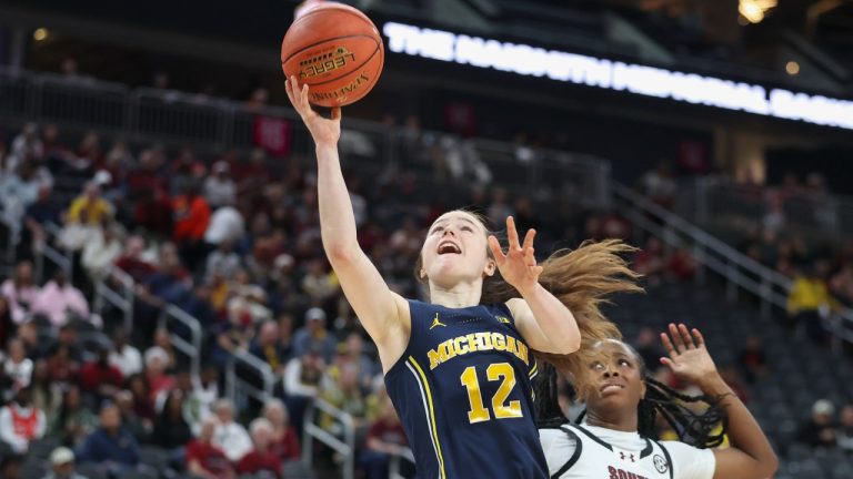 Michigan guard Syla Swords attempts a shot during the first half of an NCAA basketball game Monday, Nov. 4, 2024, in Las Vegas against South Carolina. (Ian Maule/AP)