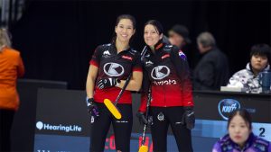 Brittany Tran (left) and Kerri Einarson (right) at the Kioti National on Nov. 28, 2024, in St. John's, N.L. (Anil Mungal/GSOC)