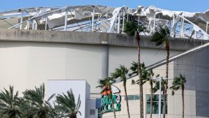 The roof of Tropicana Field was torn off during Hurricane Milton on Thursday, Oct. 10, 2024, in St. Petersburg, Fla. (Mike Carlson/AP)