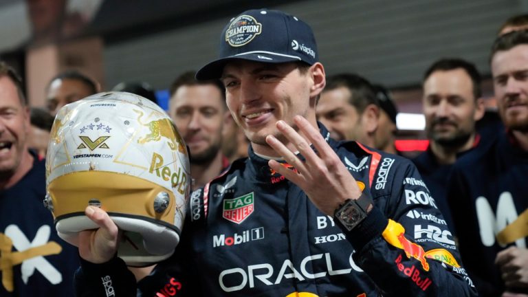 Red Bull driver Max Verstappen, of the Netherlands, celebrates winning the Formula 1 championship after the F1 Las Vegas Grand Prix auto race, Sunday, Nov. 24, 2024, in Las Vegas. (Matt York/AP)