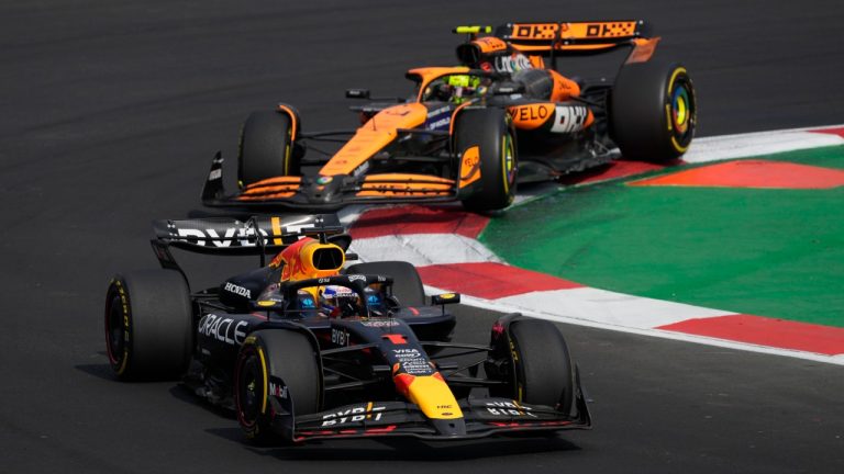 Max Verstappen, of Netherlands, steers his Red Bull followed by McLaren driver Lando Norris of Britain during the Formula One Mexico Grand Prix auto race at the Hermanos Rodriguez racetrack in Mexico City, Sunday, Oct. 27, 2024. (Eduardo Verdugo/AP)