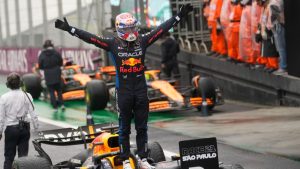 Red Bull driver Max Verstappen, of the Netherlands, celebrates winning the Brazilian Formula One Grand Prix at the Interlagos race track in Sao Paulo, Brazil, Sunday, Nov. 3, 2024. (Andre Penner/AP)