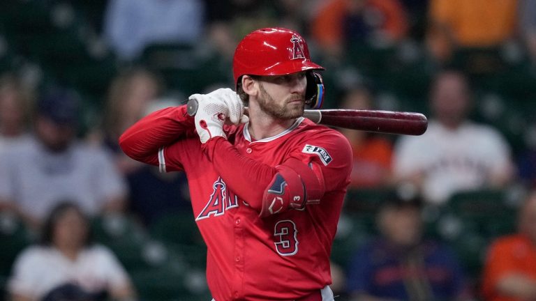 Los Angeles Angels' Taylor Ward bats during the first inning of a baseball game against the Houston Astros, Thursday, Sept. 19, 2024, in Houston. (Kevin M. Cox/AP Photo)