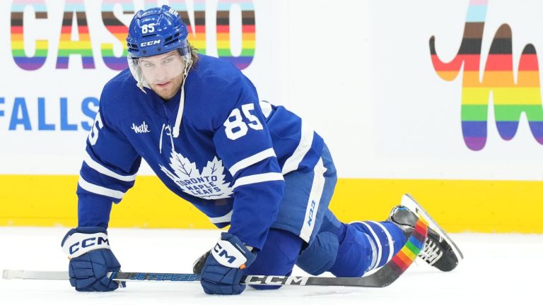 Toronto Maple Leafs defenceman William Lagesson displays rainbow tape on his stick during warm-up ahead of NHL hockey action against the Vegas Golden Knights in Toronto, on Tuesday, February 27, 2024. (Chris Young/CP)