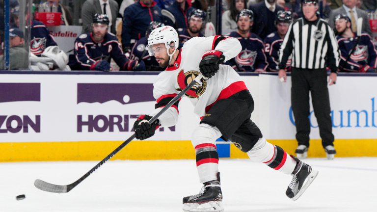 Ottawa Senators' Artem Zub shoots during the first period of an NHL hockey game against the Columbus Blue Jackets Thursday, March 14, 2024, in Columbus, Ohio. (Jeff Dean/AP)