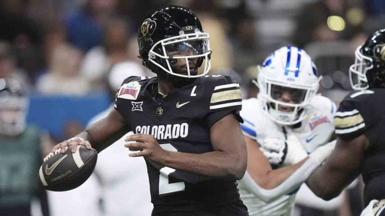 Colorado quarterback Shedeur Sanders (2) looks to throw against BYU during the first half of the Alamo Bowl NCAA college football game, Saturday, Dec. 28, 2024, in San Antonio. (Eric Gay/AP)