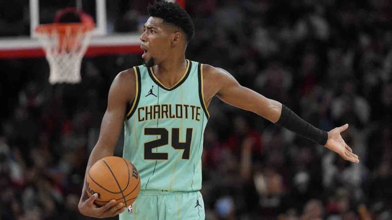 Charlotte Hornets forward Brandon Miller reacts after a call during the second half of an NBA basketball game against the Chicago Bulls, Friday, Dec. 13, 2024, in Chicago. (Erin Hooley/AP)