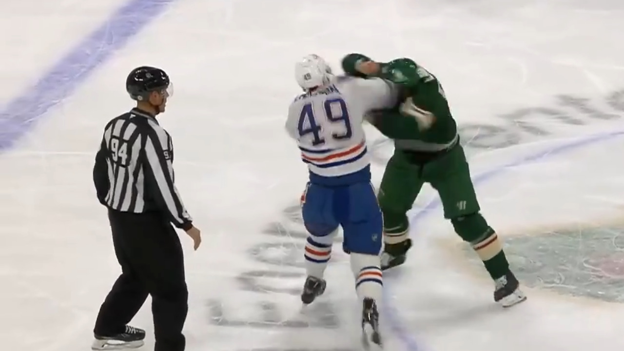 Oilers’ Emberson goes toe-to-toe with Wild’s Lauko at centre ice