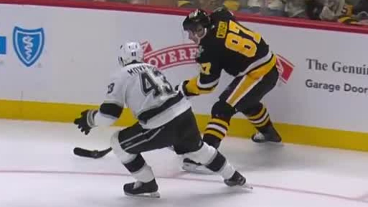 Penguins’ Crosby sends cross-ice backhand pass to set up Grzelcyk’s tying goal