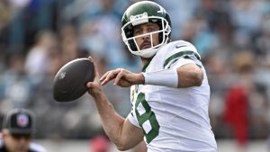 New York Jets quarterback Aaron Rodgers throws a pass against the Jacksonville Jaguars during the second half of an NFL game Sunday, Dec. 15, 2024, in Jacksonville, Fla. (AP/Phelan M. Ebenhack)