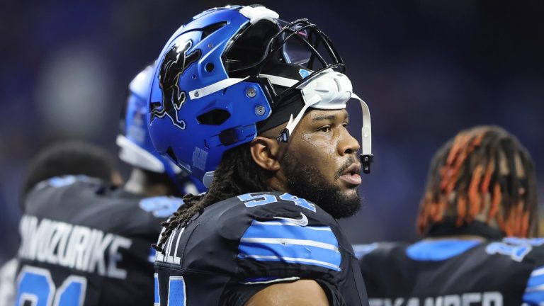 Detroit Lions defensive tackle Alim McNeill warms up before an NFL game against the Buffalo Bills, Sunday, Dec. 15, 2024, in Detroit. (AP/Rey Del Rio)