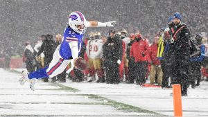 Buffalo Bills quarterback Josh Allen (17) dives for the end zone to score against the San Francisco 49ers during the second half of an NFL football game in Orchard Park, N.Y., Sunday, Dec. 1, 2024. (Adrian Kraus/AP)