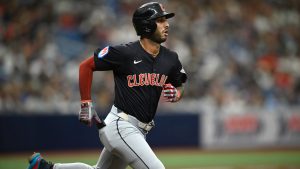 Andrés Giménez runs after hitting a pitch during the fifth inning of a baseball game against the Tampa Bay Rays, Sunday, July 14, 2024, in St. Petersburg, Fla. (Phelan M. Ebenhack/AP)