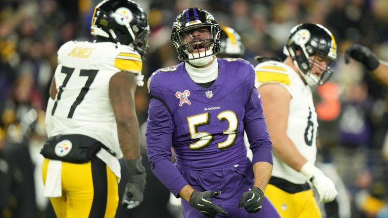 Baltimore Ravens linebacker Kyle Van Noy (53) celebrates his sack during an NFL football game against the Pittsburgh Steelers, Saturday Dec. 21, 2024, in Baltimore, MD. (Peter Joneleit/AP)