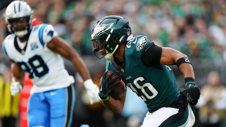 Philadelphia Eagles running back Saquon Barkley (26) runs with the ball during the first half of an NFL football game against the Carolina Panthers on Sunday, Dec. 8, 2024, in Philadelphia. (Derik Hamilton/AP)