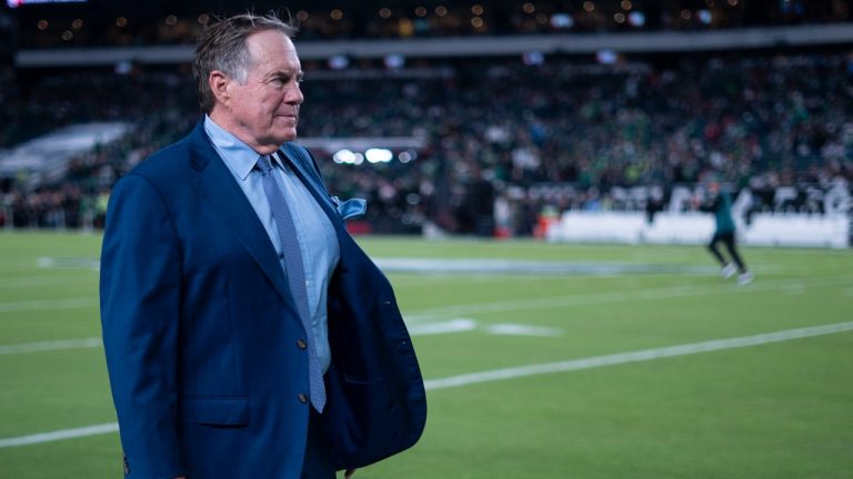 ESPN analyst Bill Belichick looks on prior to the NFL football game between the Atlanta Falcons and the Philadelphia Eagles, Monday, Sept. 16, 2024, in Philadelphia. The Falcons won 22-21. (AP Photo/Chris Szagola)