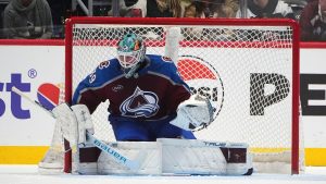 Colorado Avalanche goaltender Mackenzie Blackwood (39) in the third period of an NHL hockey game Sunday, Dec. 22, 2024, in Denver. (David Zalubowski/AP)