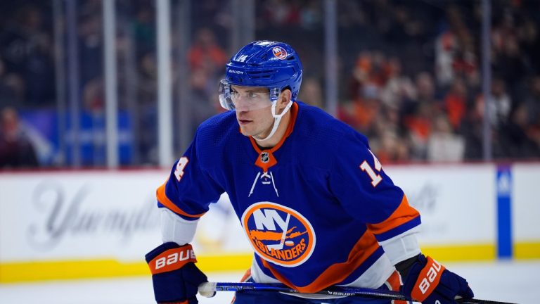 New York Islanders' Bo Horvat plays during an NHL hockey game, Monday, April 1, 2024, in Philadelphia. (AP Photo/Matt Slocum)