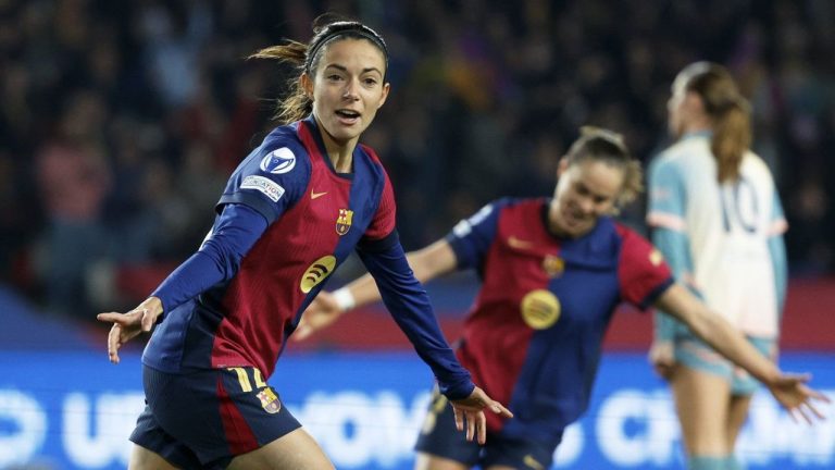 Barcelona's Aitana Bonmati celebrates after scoring her side's second goal during the women's Champions League group D soccer match between FC Barcelona and Manchester City at the Olympic Stadium in Barcelona, Spain, Wednesday, Dec. 18, 2024. (Joan Monfort/AP)
