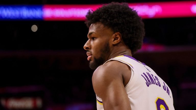 Los Angeles Lakers guard Bronny James reacts during the second half of an NBA basketball game against the Trail Blazers, Sunday, Dec. 8, 2024, in Los Angeles. (Etienne Laurent/AP)