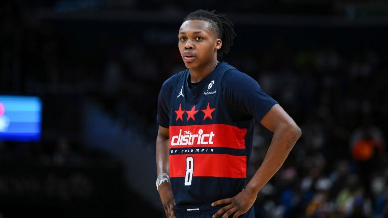 Washington Wizards guard Carlton Carrington (8) looks on during the second half of an NBA basketball game against the New York Knicks, Saturday, Dec. 28, 2024, in Washington. (Terrance Williams/AP)