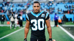 Carolina Panthers running back Chuba Hubbard leaves the field after scoring the winning touchdown against the Arizona Cardinals during overtime of an NFL football game, Sunday, Dec. 22, 2024, in Charlotte, N.C. (Jacob Kupferman/AP)