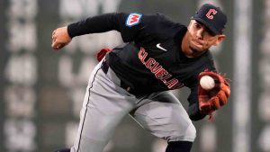 Cleveland Guardians second baseman Andrés Giménez catches a line drive by Boston Red Sox's Connor Wong during the second inning of a baseball game Wednesday, April 17, 2024, in Boston. (Charles Krupa/AP)