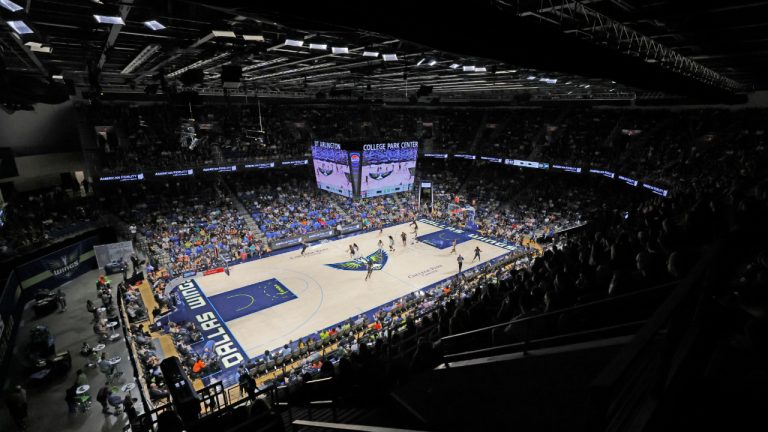 A sellout crowd watches the Indiana Fever play the Dallas Wings during the second half of an WNBA basketball game in Arlington, Texas, Friday, May 3, 2024. (AP Photo/Michael Ainsworth)