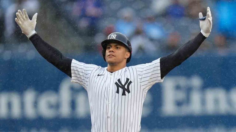 New York Yankees' Juan Soto reacts after hitting a three-run double during the seventh inning of the baseball game against the Detroit Tigers at Yankee Stadium, Sunday, May 5, 2024, in New York. (Seth Wenig/AP)