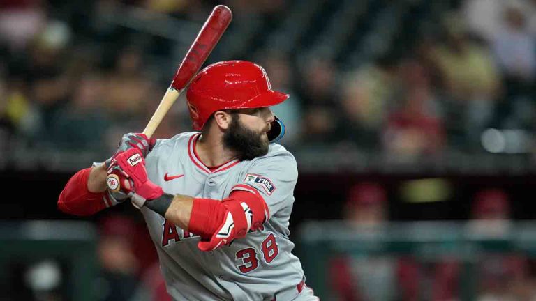 Los Angeles Angels' Michael Stefanic starts his swing against the Arizona Diamondbacks during the ninth inning of a baseball game Thursday, June 13, 2024, in Phoenix. The Diamondbacks won 11-1.(Ross D. Franklin/AP)