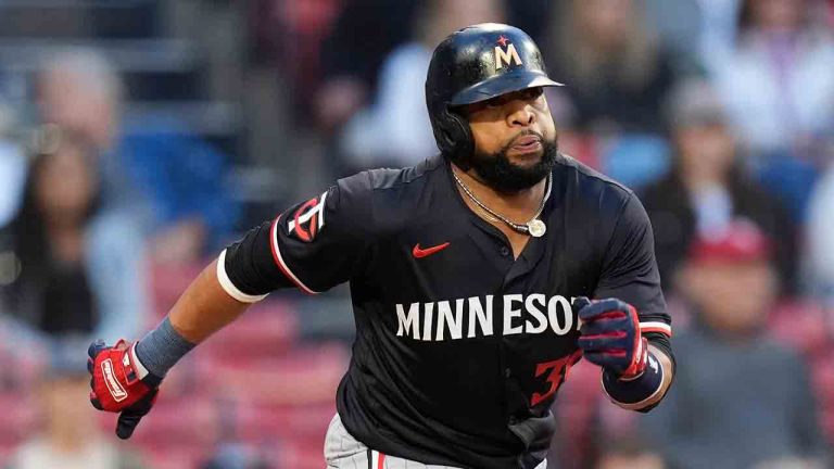 Minnesota Twins' Carlos Santana runs on his ground out during the second inning of the second game of a baseball doubleheader against the Boston Red Sox, Sunday, Sept. 22, 2024, in Boston. (Michael Dwyer/AP)