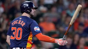 Houston Astros' Kyle Tucker bats during the fifth inning of a baseball game against the Los Angeles Angels, Sunday, Sept. 22, 2024, in Houston. (Kevin M. Cox/AP)