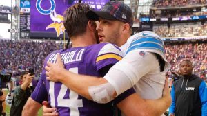 Minnesota Vikings quarterback Sam Darnold (14) talks with Detroit Lions quarterback Jared Goff, right, after an NFL football game Sunday, Oct. 20, 2024, in Minneapolis. (Bruce Kluckhohn/AP)