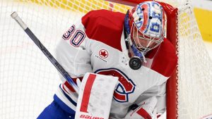 Montreal Canadiens goaltender Cayden Primeau stops the puck during the third period of an NHL hockey game against the Washington Capitals, Thursday, Oct. 31, 2024, in Washington. The Capitals won 6-3. (AP/Nick Wass)