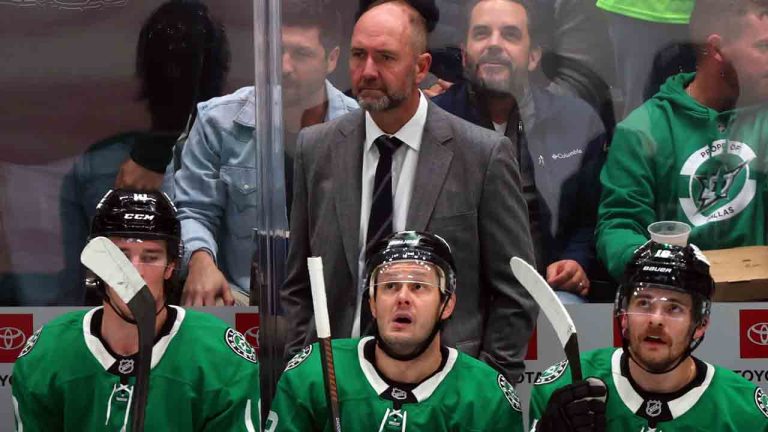 Dallas Stars head coach Peter DeBoer, centre top, watches NHL hockey game acation against the Anaheim Ducks in the third period Monday, Nov. 18, 2024, in Dallas. (Richard W. Rodriguez/AP)