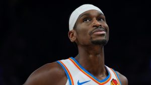 Oklahoma City Thunder guard Shai Gilgeous-Alexander reacts during the first half of an NBA game against the Golden State Warriors, Nov. 27, 2024, in San Francisco. (AP/Godofredo A. Vásquez)