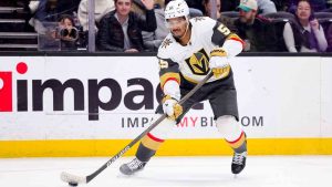 Vegas Golden Knights right wing Keegan Kolesar controls the puck during the second period of an NHL hockey game against the Anaheim Ducks Wednesday, Dec. 4, 2024, in Anaheim, Calif. (Ryan Sun/AP)