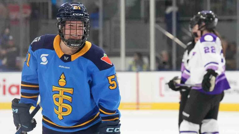 Toronto Sceptres' Victoria Bach reacts after scoring against Minnesota Frost during second period PWHL hockey action on Saturday, December 7, 2024. (Chris Young/CP)