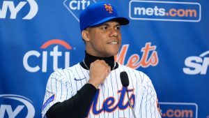 New York Mets' Juan Soto speaks during a baseball news conference, Thursday, Dec. 12, 2024, in New York. (AP Photo/Frank Franklin II)