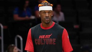 Miami Heat forward Jimmy Butler (22) warms up before an NBA basketball game in Miami. (Marta Lavandier/AP)