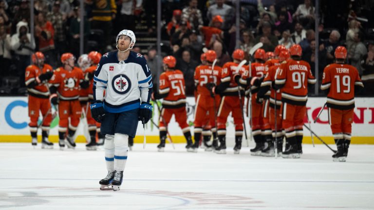 Winnipeg Jets center Gabriel Vilardi (13) skates after an NHL hockey game against the Anaheim Ducks, Wednesday, Dec. 18, 2024, in Anaheim, Calif. (AP Photo/Kyusung Gong)