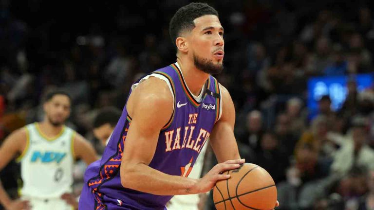 Phoenix Suns guard Devin Booker (1) during the first half of an NBA basketball game against the Indiana Pacers, Thursday, Dec. 19, 2024, in Phoenix. (Rick Scuteri/AP)